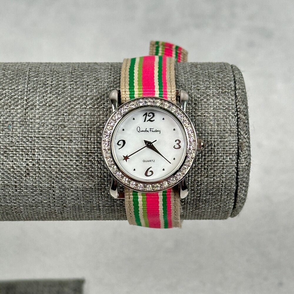 Quacker Factory Watch Womens 28mm Pave Bezel MOP Dial Striped Band New Battery